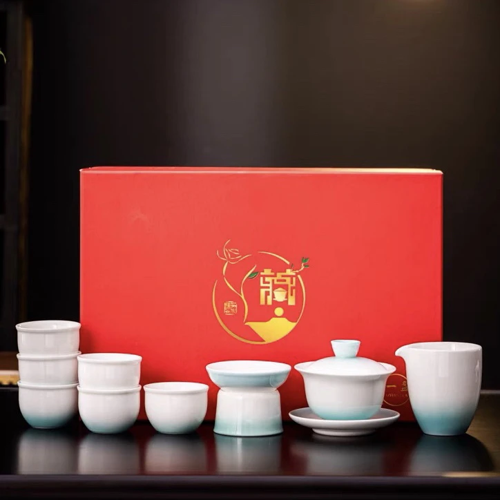 A 29高档中式简约茶具渐变色羊脂玉盖碗家用泡茶套装