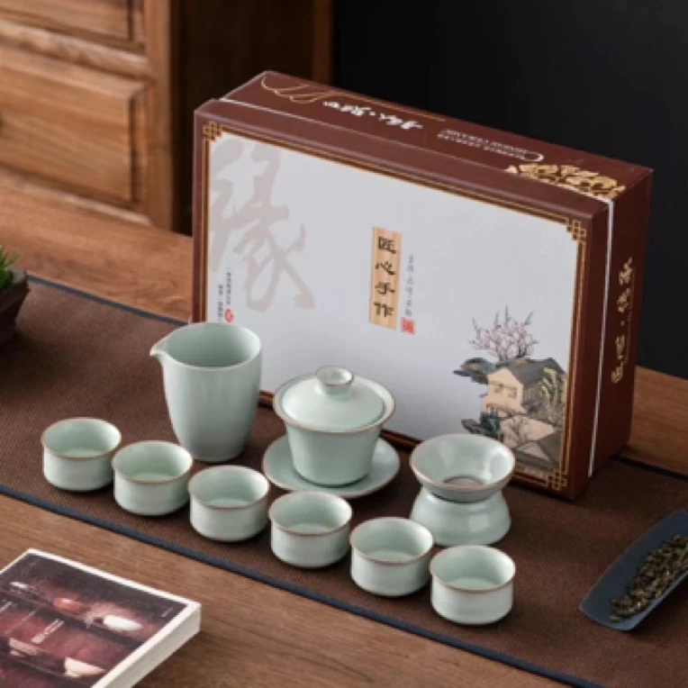 A 36天青汝窑盖碗茶具套装古典雅致