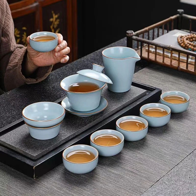 A 111天蓝汝窑悬停盖碗茶具套装安全包装自用无礼盒