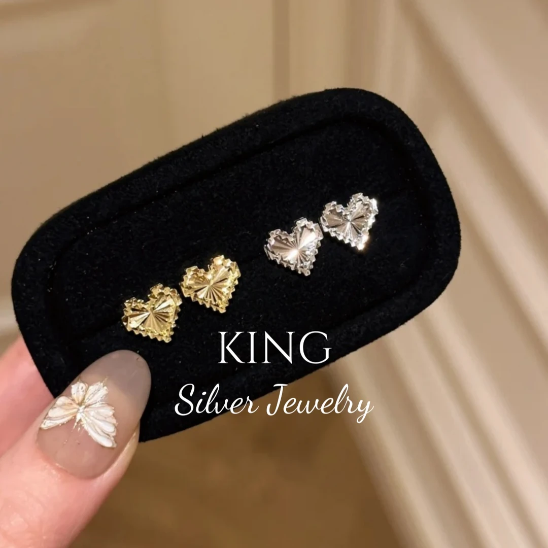 925银合成锆石耳饰 king银饰镭射爱心耳钉气质轻奢时尚百搭复古