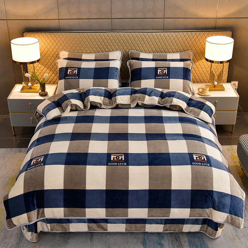 蓝大格牛奶绒四件套加绒加厚冬季保暖床上四件套
