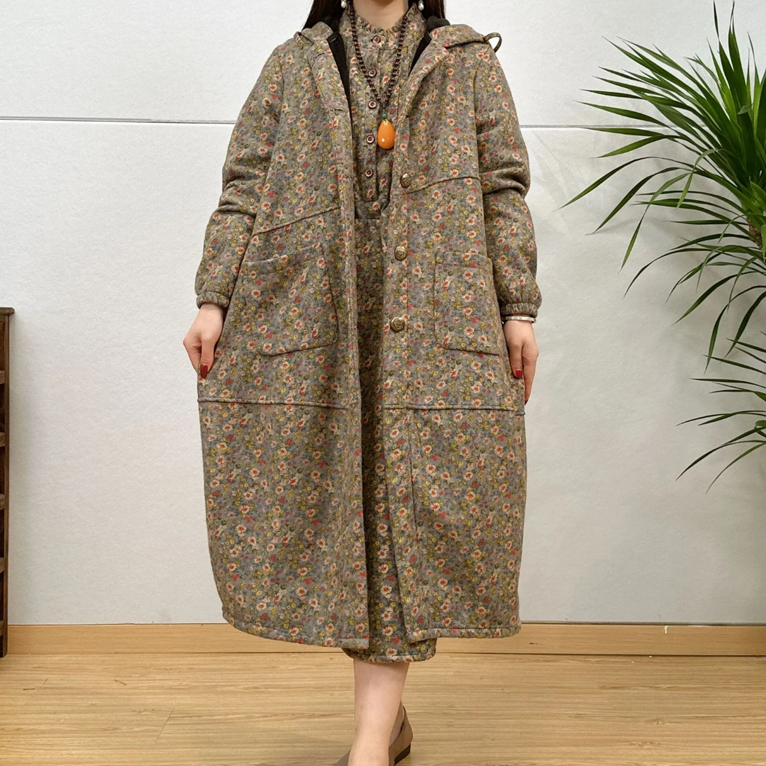 808-909【夏芙娜】冬季加绒加厚连帽风衣外套遮肉显瘦长款风衣