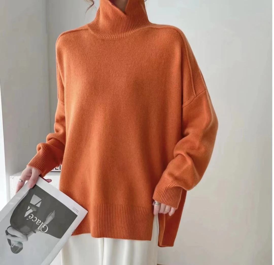 慵懒纯色宽松高翻领落肩袖套头高领厚毛衣秋冬保暖毛衣女