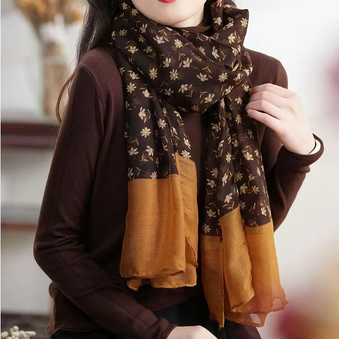 女士时尚拼色小碎花保暖围巾百搭洋气长款印花长韩版冬季薄款复古