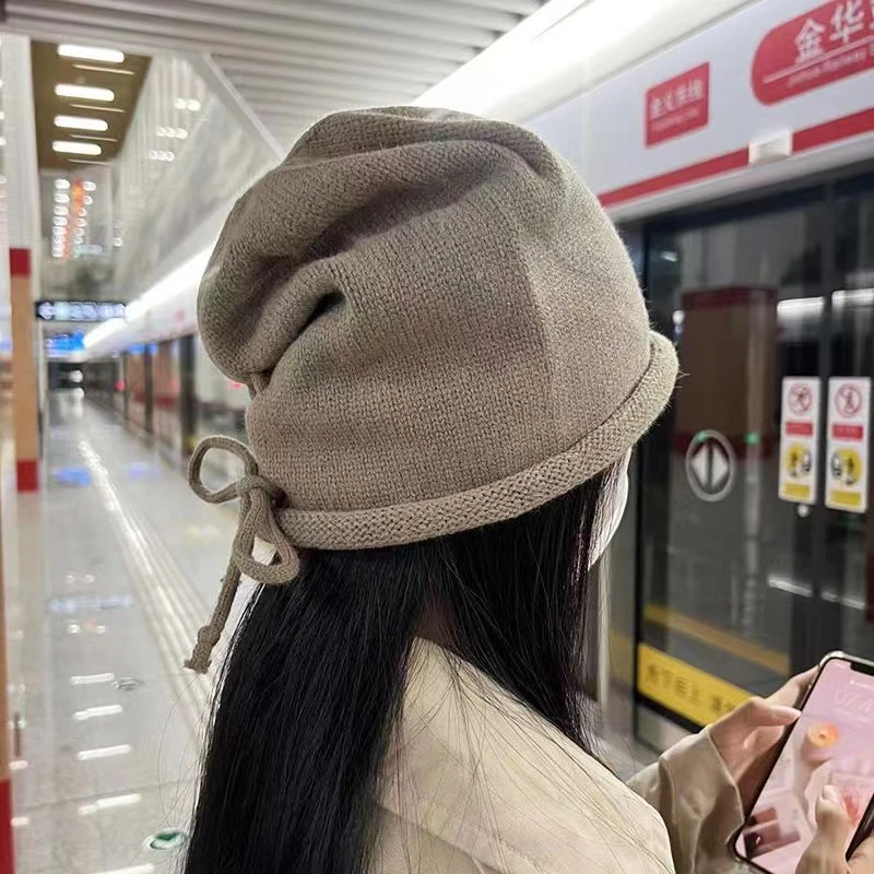 堆堆帽卷边针织帽子抽绳秋冬保暖百搭毛线大头围帽韩系月子帽冷帽