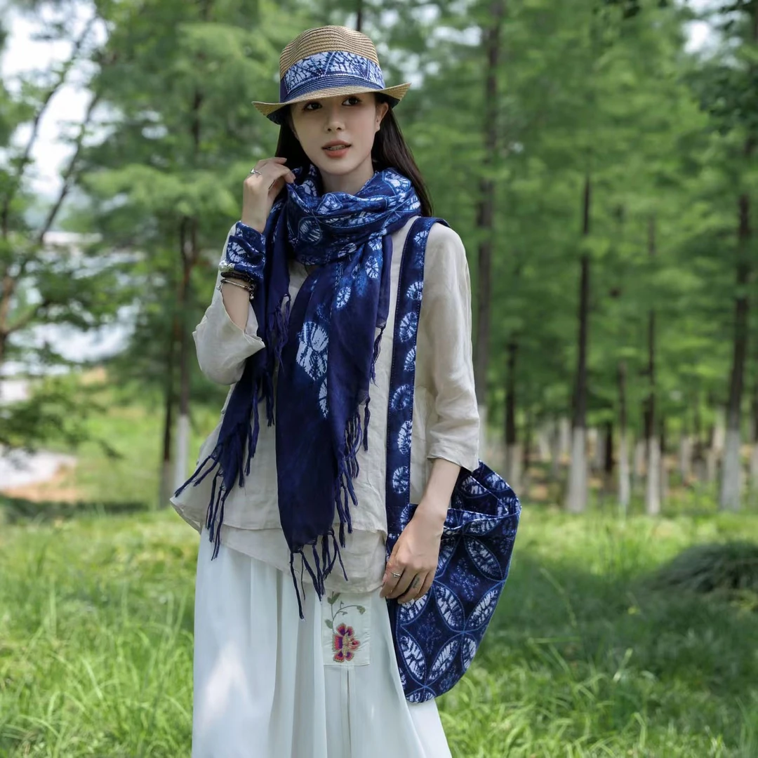 百搭大理蜡染文艺围巾手工长流苏春夏春秋蓝染复古民族风围巾女士
