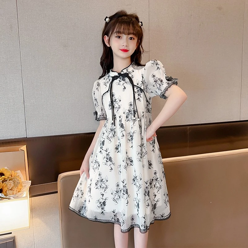 女童新中式连衣裙夏季泡泡袖裙子洋气时髦中国风夏装2024新款雪纺