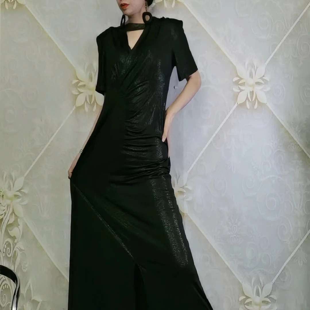 2311黑金色礼服复古狐仙精美连衣裙女款长袖气质网红时尚女士民族