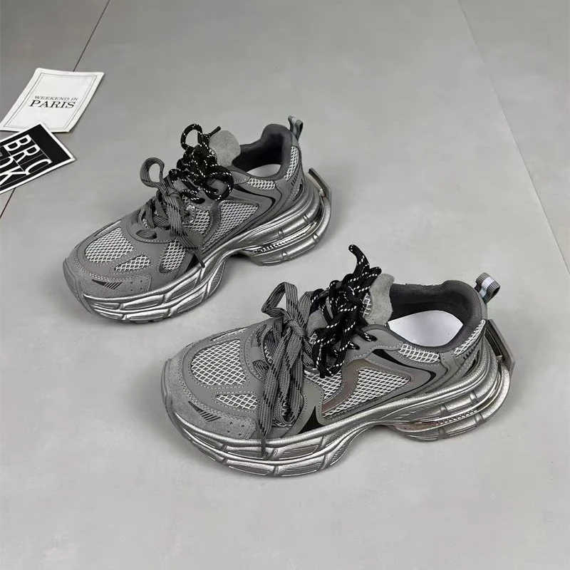 钟意宠粉-新款真皮双鞋带增高老爹鞋2206（灰色）