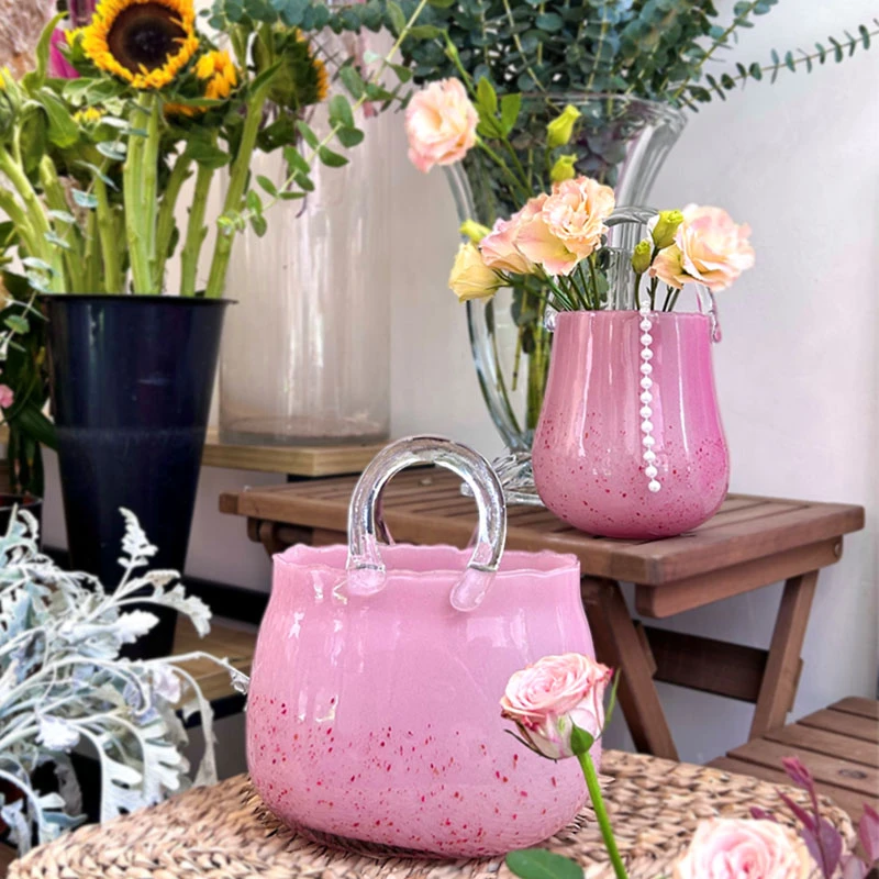 粉色草莓波点手提玻璃花瓶网红ins客厅创意水培鲜花插花清新花瓶