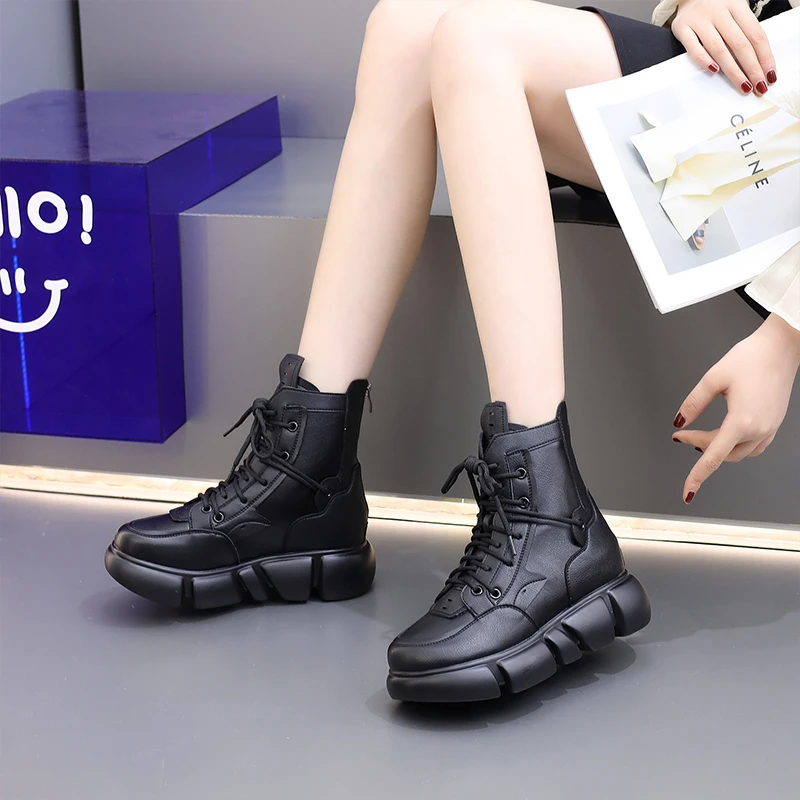 真皮厚底马丁靴女2025新款秋冬靴子百搭软底平底女士加绒加厚短靴