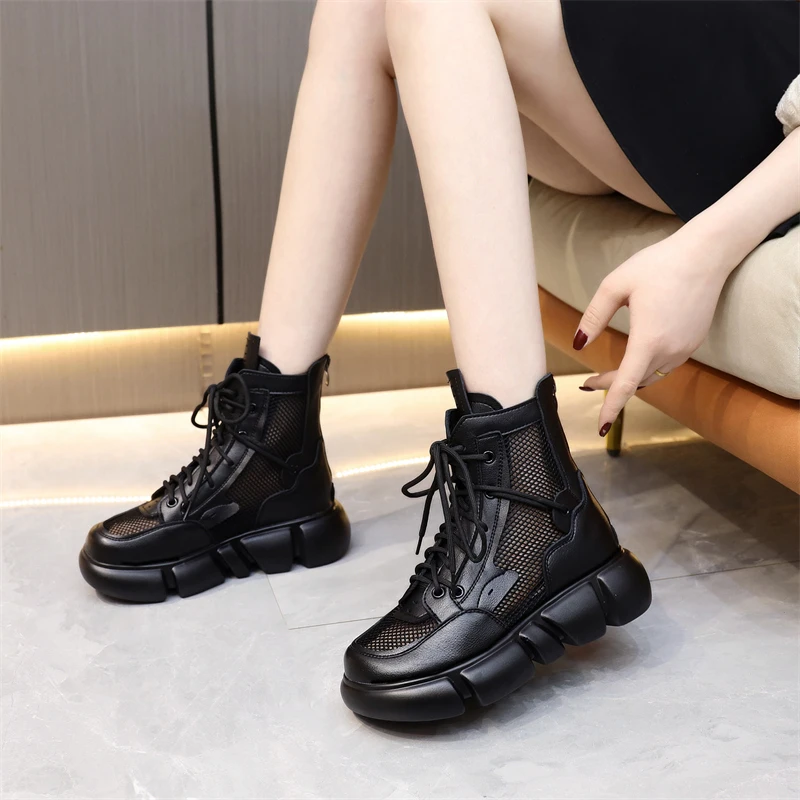 真皮网面马丁靴女2025新款春夏网靴百搭镂空透气平底女士薄款凉靴