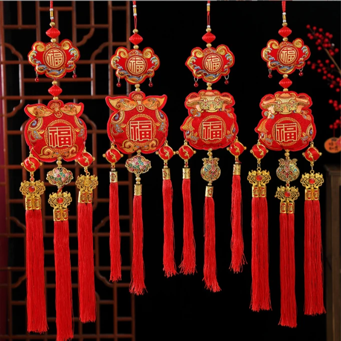 精美双流苏串中国红福字新年客厅装饰布置福包挂件烫金