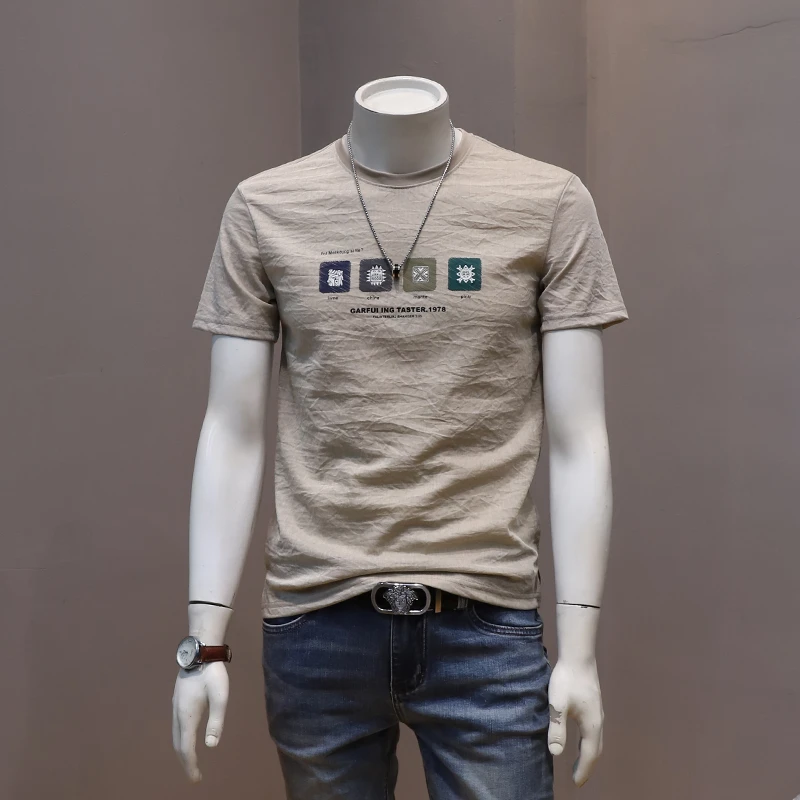 冰丝速干棉麻薄款短袖t恤衫韩版青年简约休闲圆领半袖上衣男体恤