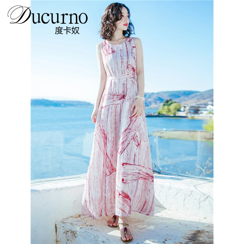 2025夏季新品女装收腰显瘦雪纺连衣裙长裙红色印花沙滩裙海边度假