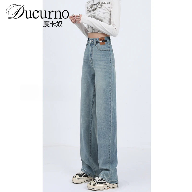 浅色阔腿牛仔裤女2025年新款春款裤子爆款春秋宽松高腰窄版直筒裤