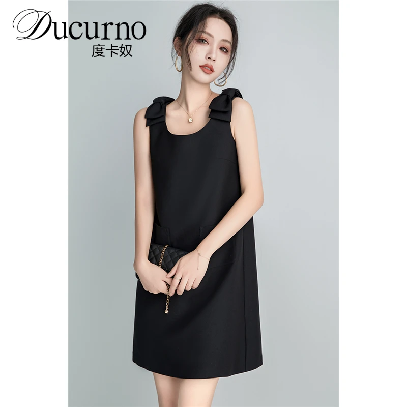 2025夏季新款黑色无袖连衣裙女法式蝴蝶结设计感圆领韩版背心裙子