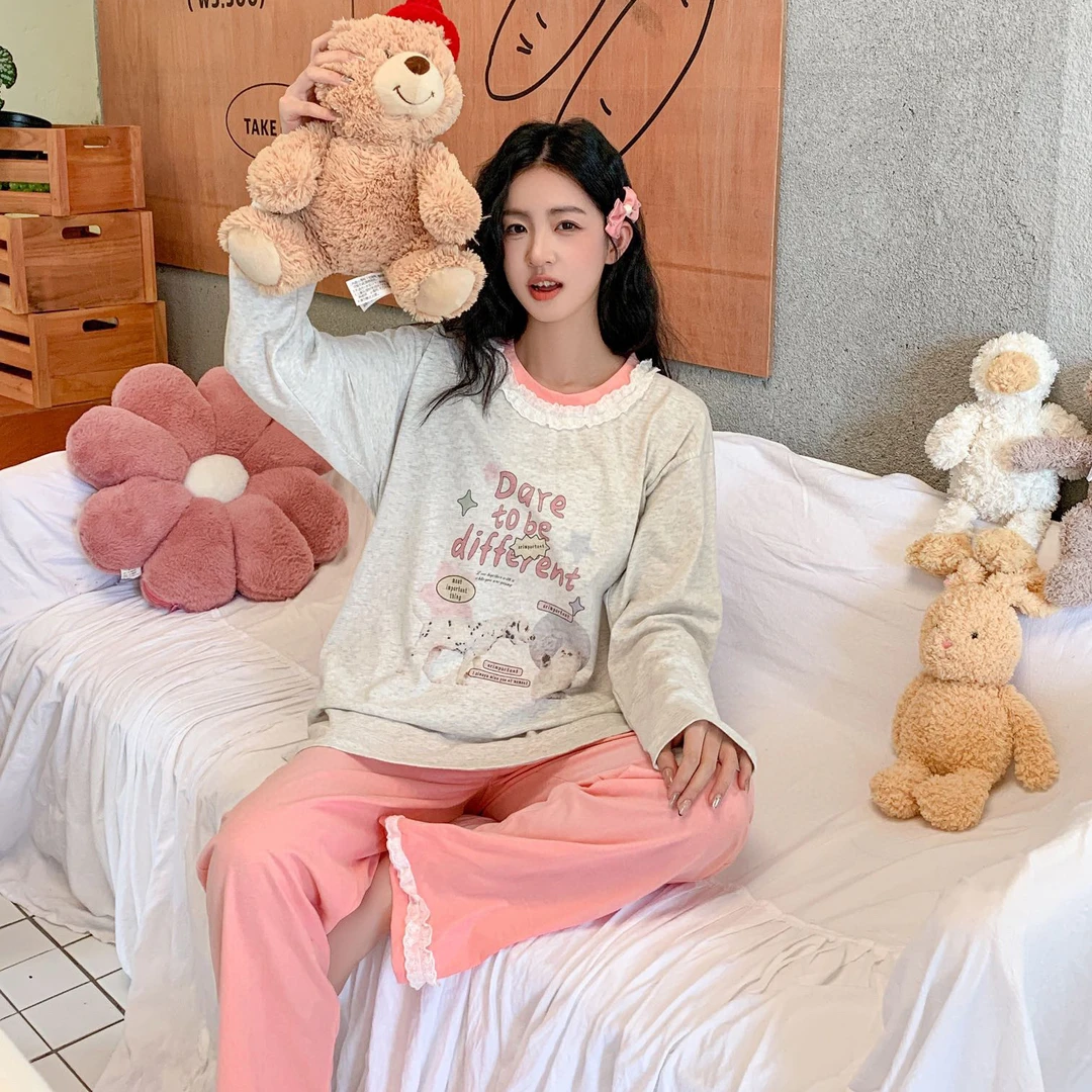 Miss juju字母卡通蕾丝甜美早秋款长袖长裤女士睡衣家居服套装