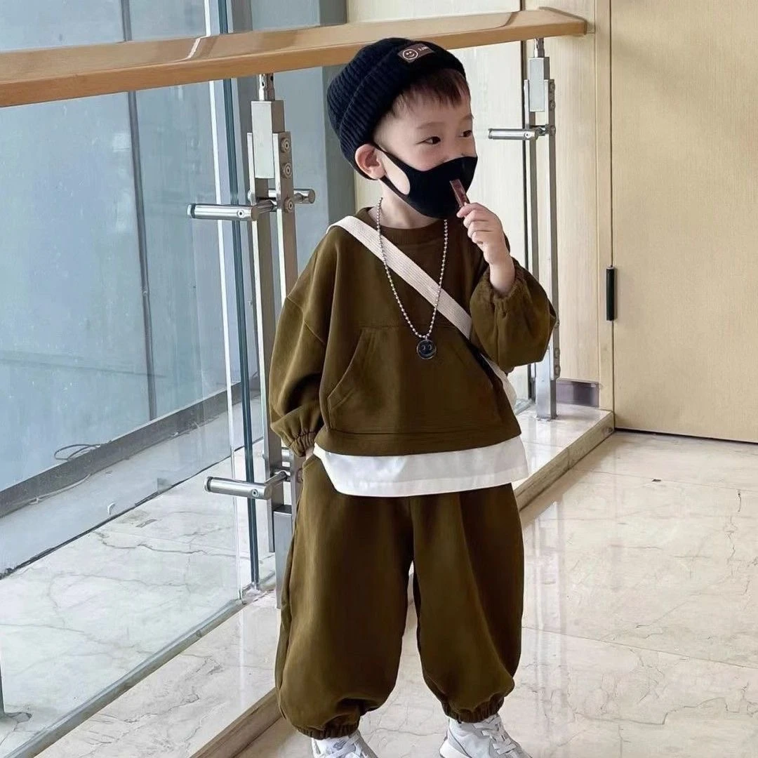 男童套装春秋冬季卫衣卫裤两件套儿童纯色潮流百搭宽松撞色套装潮