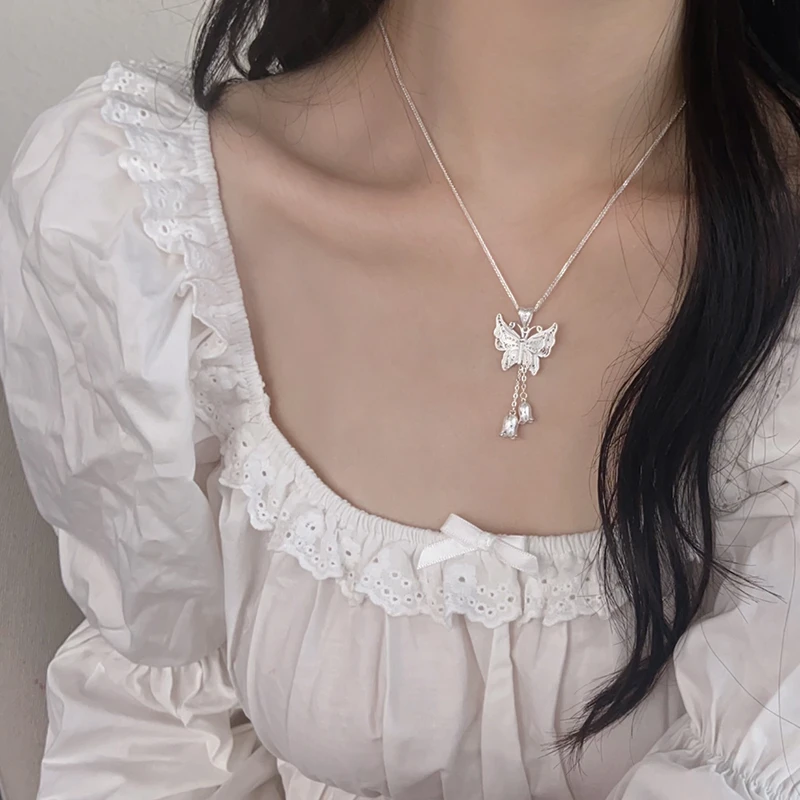 吊坠足银 999纯银蝴蝶铃兰项链女生小众轻奢精致锁骨链夏天显气质