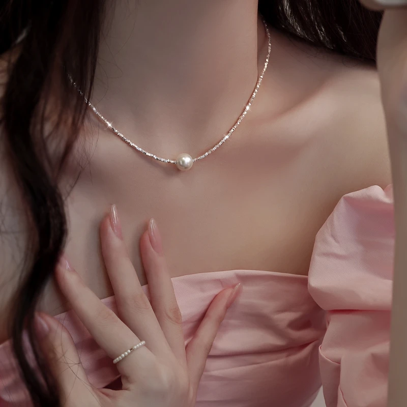 链子925银仿珍珠 s925纯银碎银几两项链女小众设计碎银子施家珍珠