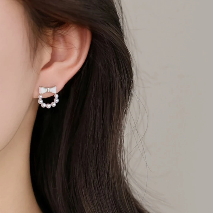 925银仿珍珠耳饰 针蝴蝶结耳钉仿珍珠气质新款潮圆形耳饰ins简约
