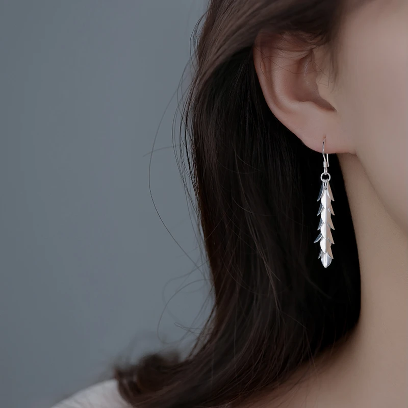 足银耳饰 999纯银麦穗耳环流苏耳坠小众设计树叶耳钩潮耳钉耳饰
