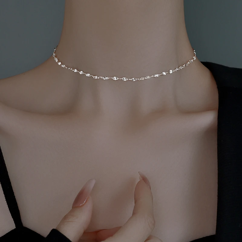 链子足银 999纯银项链女雪花链素链足银链子配饰链条锁骨链颈链