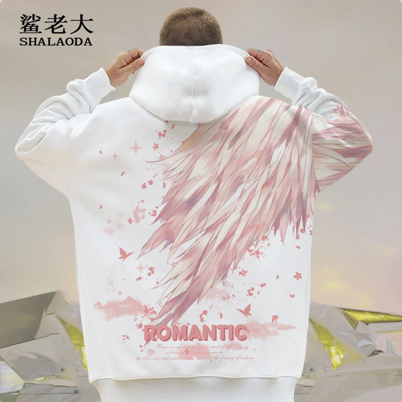 国潮连帽卫衣男士秋冬新款翅膀印花个性百搭上衣加绒加厚大码外套