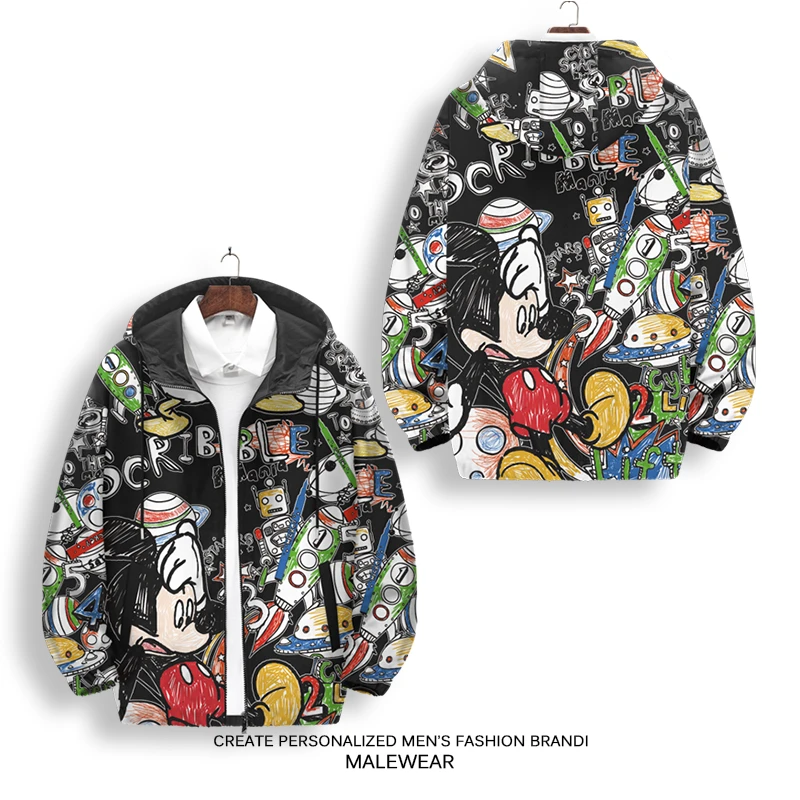 夹克男士秋冬款连帽外套卡通涂鸦印花ins潮流百搭薄款休闲上衣服