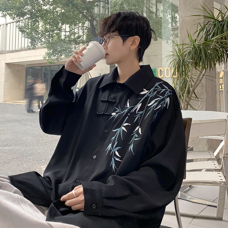 新中式国风长袖衬衫男士秋季上衣外套休闲痞帅百搭刺绣大码衬衣女