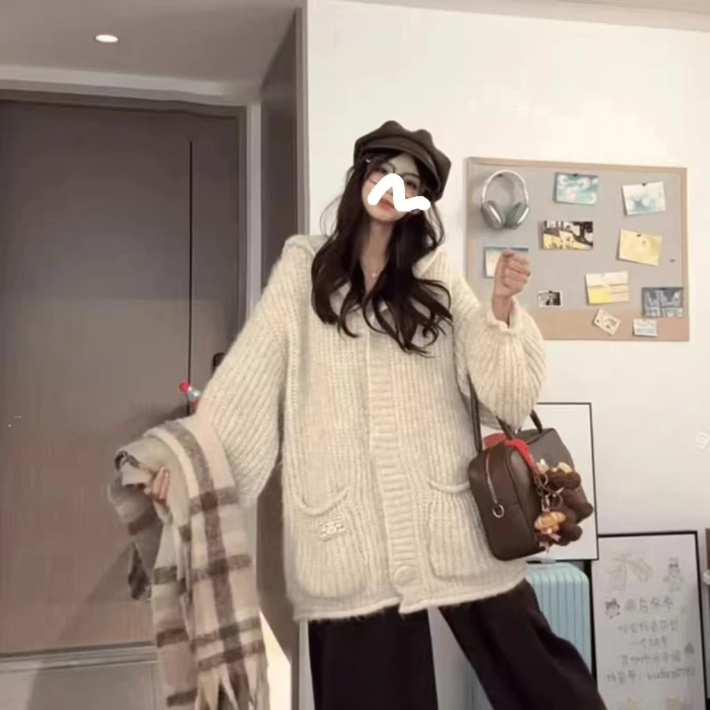 连帽毛衣开衫外套女秋冬季宽松慵懒风高级感中长款加厚粗线针织衫