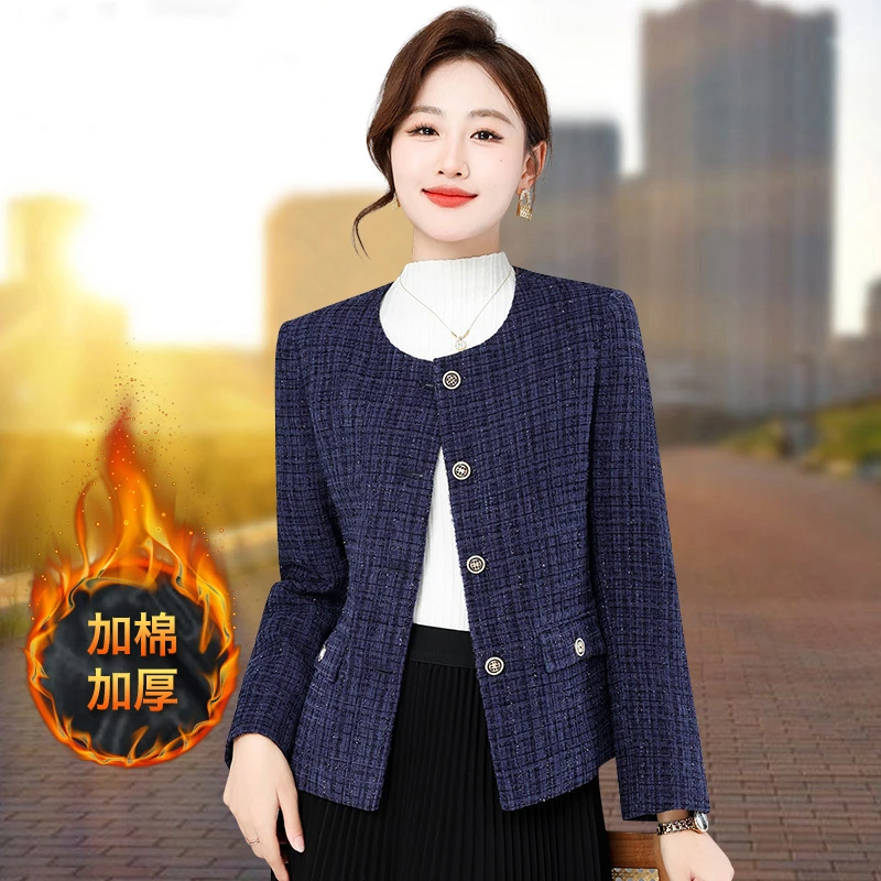 小香风短外套女2024秋冬季新款中年妈妈加棉加厚气质开衫圆领上衣