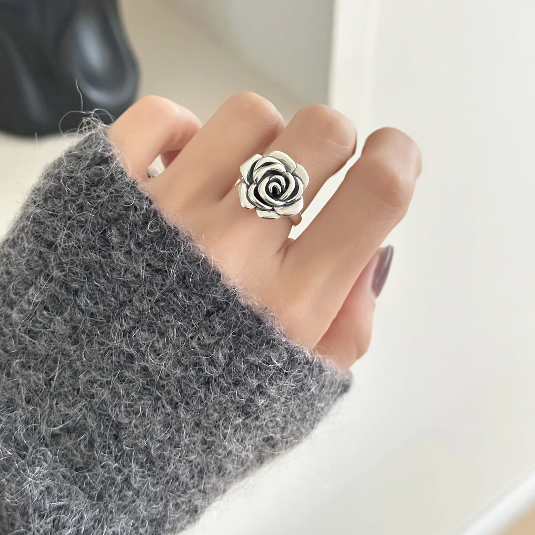 925银戒指 ins风时尚简约百搭气质女复古做旧玫瑰戒指 3679