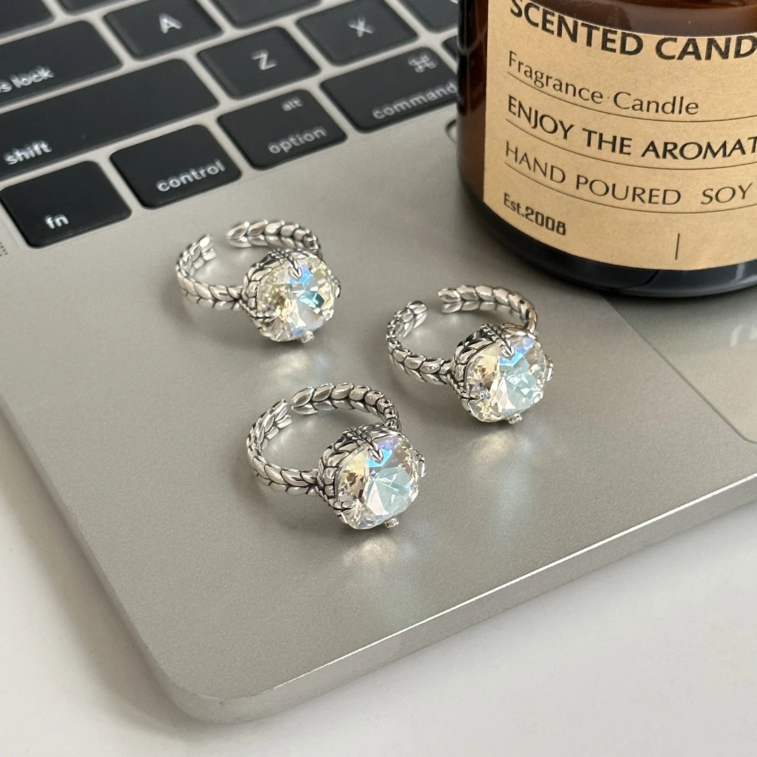 925银仿水晶戒指 ins风重工复古麦穗四爪镶戒指 3150