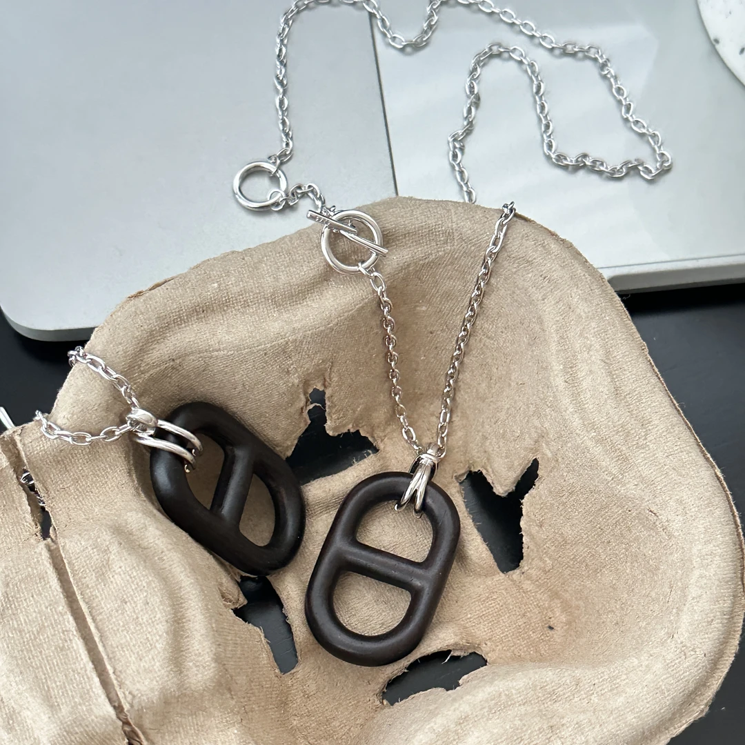 链子925银木质 ins风时尚简约百搭气质女猪鼻檀木项链 3689