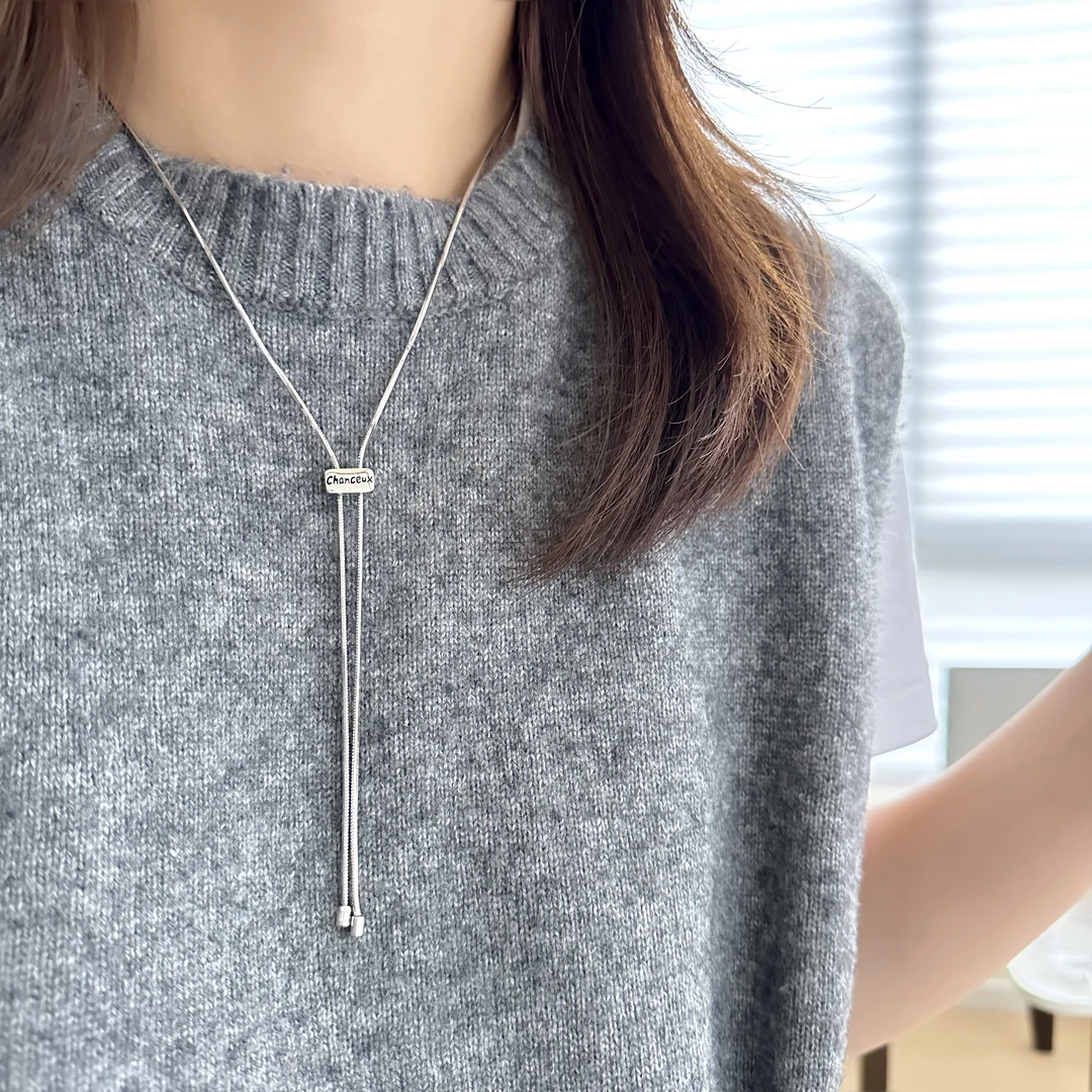 坠链均925银 韩国ins风时尚简约女法语幸运方块抽拉蛇骨项链 3435