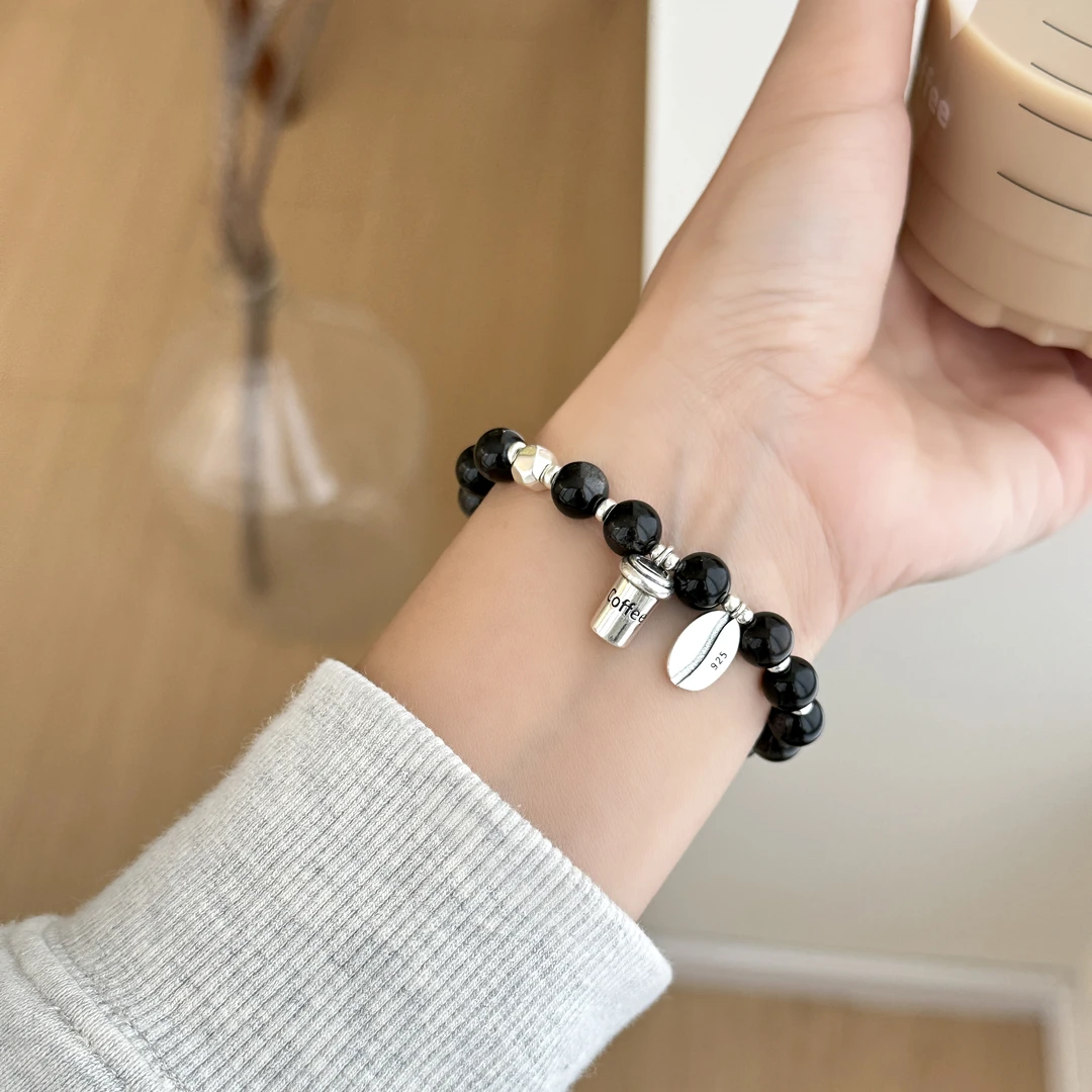 925银手链 韩国ins风时尚简约百搭气质女咖啡豆黑石手链 3673