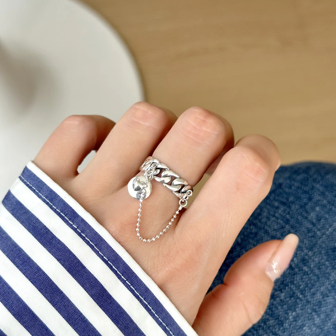 925银合成锆石戒指 ins风时尚简约链条桃心圆盘流苏戒指 3261