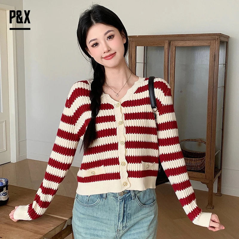P&X设计师女装2023秋季新款 针织开衫短款外套 823314956 红白条