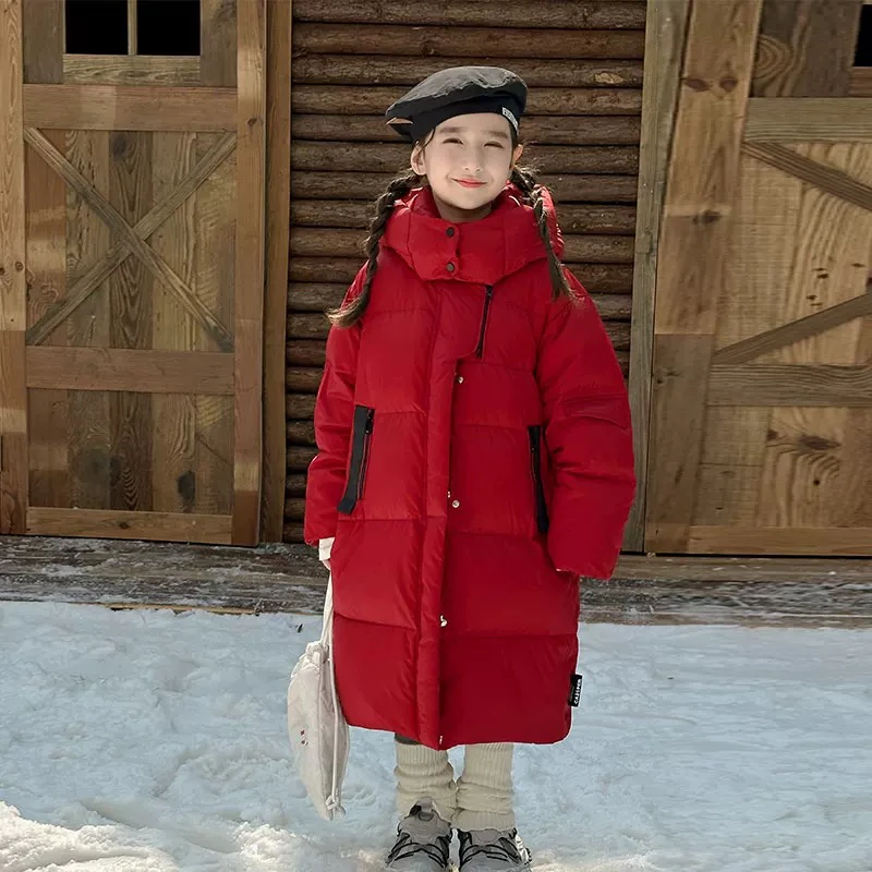 新国标90绒儿童羽绒服红色保暖男女童中长款冬季加厚外套