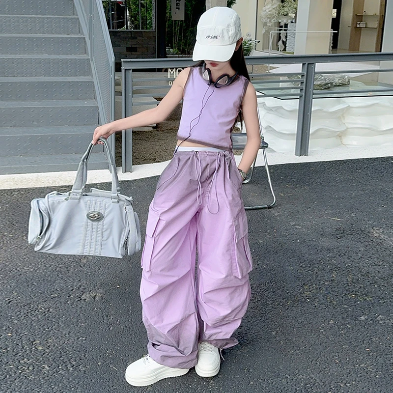 女童新款洋气美式炸街渐变扎染工装裤裤子抽绳束脚伞兵裤工装裤潮