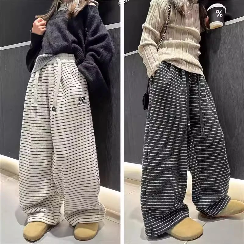 女童加绒裤子秋冬2025新款大童条纹直筒阔腿裤一体绒运动裤休闲裤