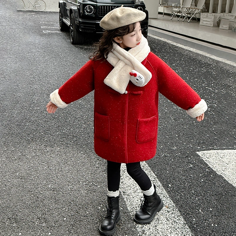 女童2024新款儿童呢子大衣中大童6-12岁加绒外套红色洋气爆款女孩