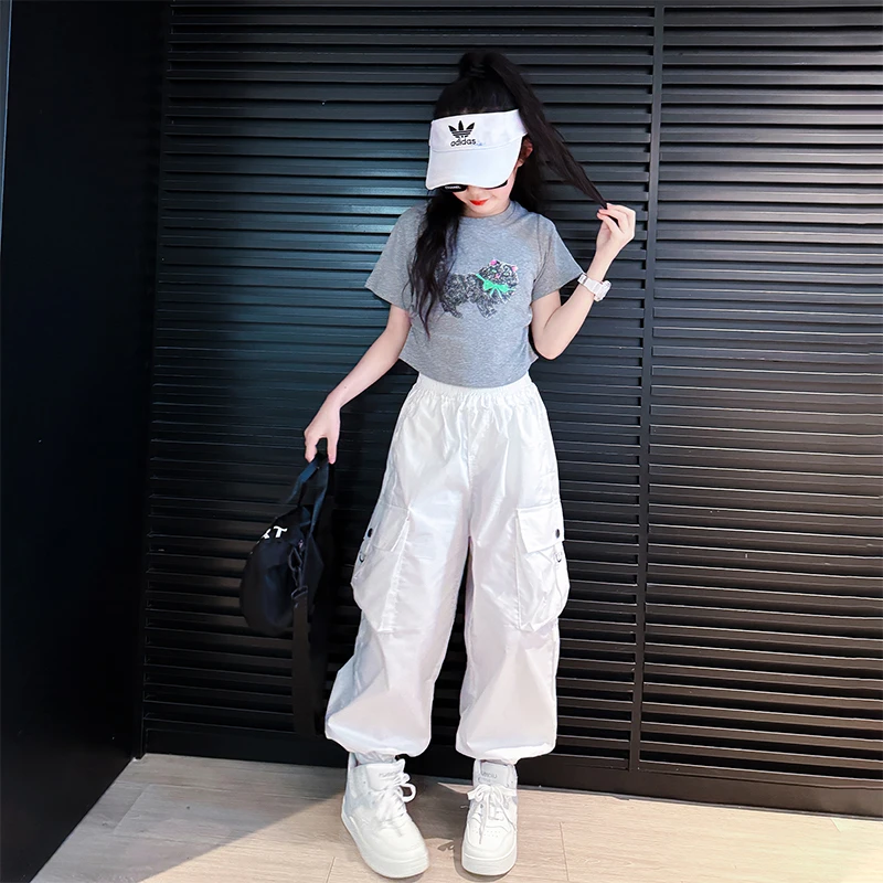 女童工装裤夏季2025新款儿童洋气白色裤子薄款女大童潮酷穿搭街舞