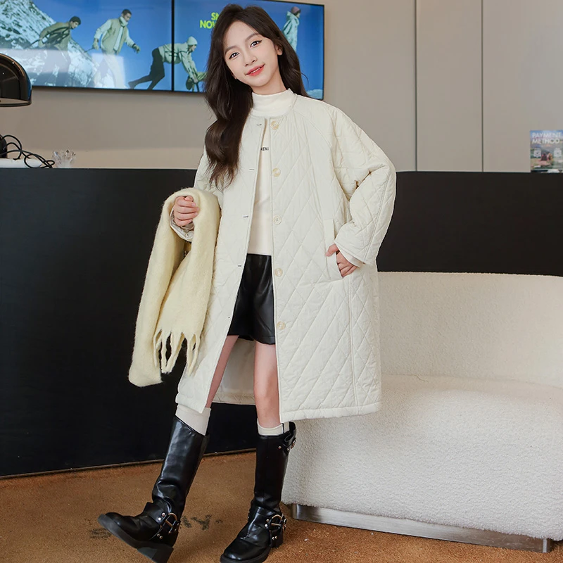 女大童秋冬款中长款绗线棉衣2024新款初中生女生轻薄棉服加厚外套