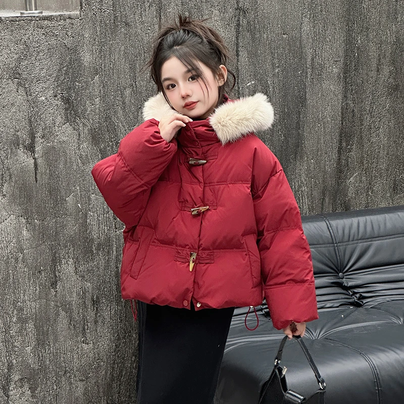 女童红色棉服短款2024新款儿童冬季新年拜年服女大童毛领棉袄外套