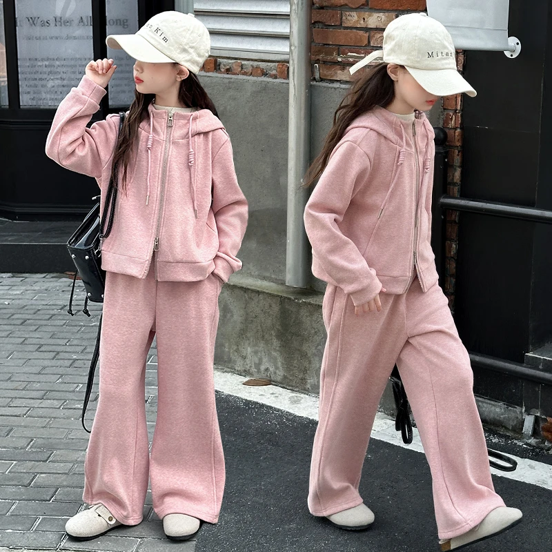 女童加绒套装秋冬装2024新款洋气6-12岁15岁加厚连帽外套两件套潮