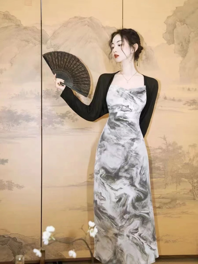 法式复古水墨画扎染露背绑带连衣裙性感纯欲风荡领吊带长裙8919