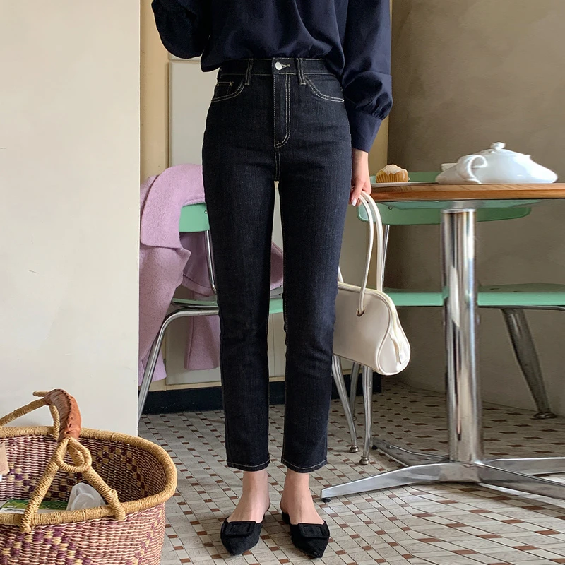 深蓝色直筒牛仔裤女2025年春秋新款八九分小个子宽松高腰显瘦烟管